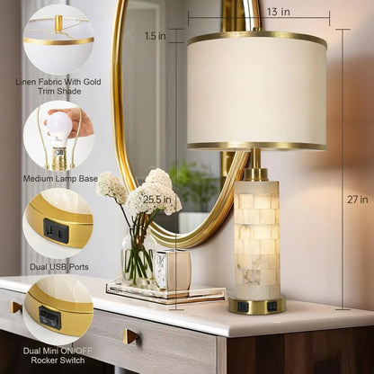 Natural Alabaster Nightstand Lamp with Linen Shade, Set of 2 with Night Light and USB Ports