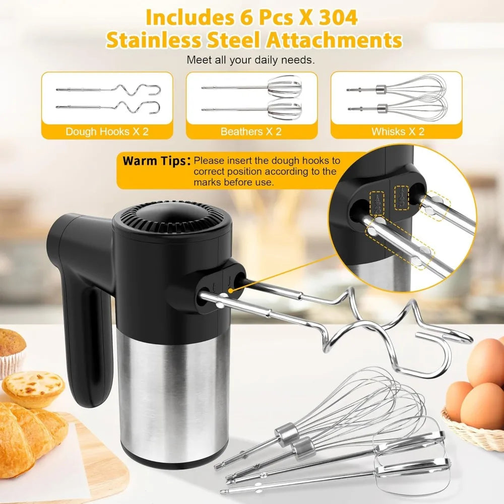 Cordless 7 Speed Portable Hand Mixer with Digital Display and 6 Stainless Steel Attachments Whisks