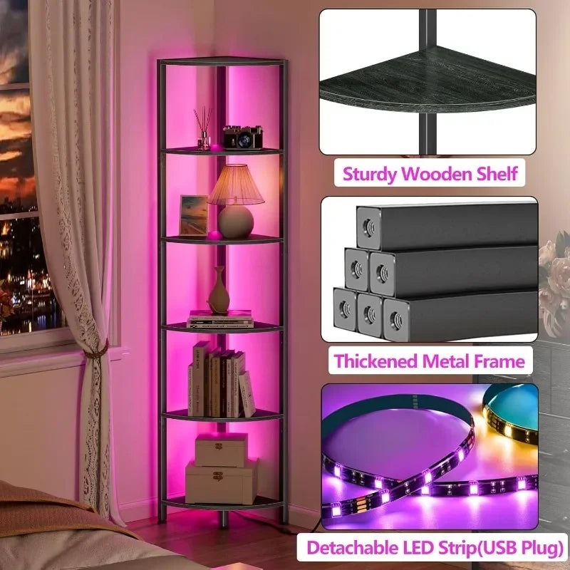 6 Tier Corner Shelf with LED Light 67.5” Tall Standing Shelf Organizer, Black Narrow Bookshelf with Storage Rack for Wall Corner
