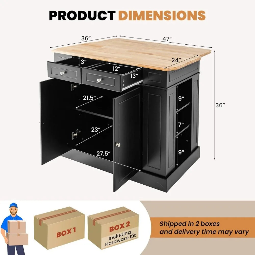 Kitchen island with rubber wood countertop, 2 drawers, 5 adjustable shelves and spice rack