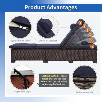 Outdoor Chaise Lounge Set of 2, Brown Wicker Pool Lounge Chairs, Multi-Angle Adjustable Backrest