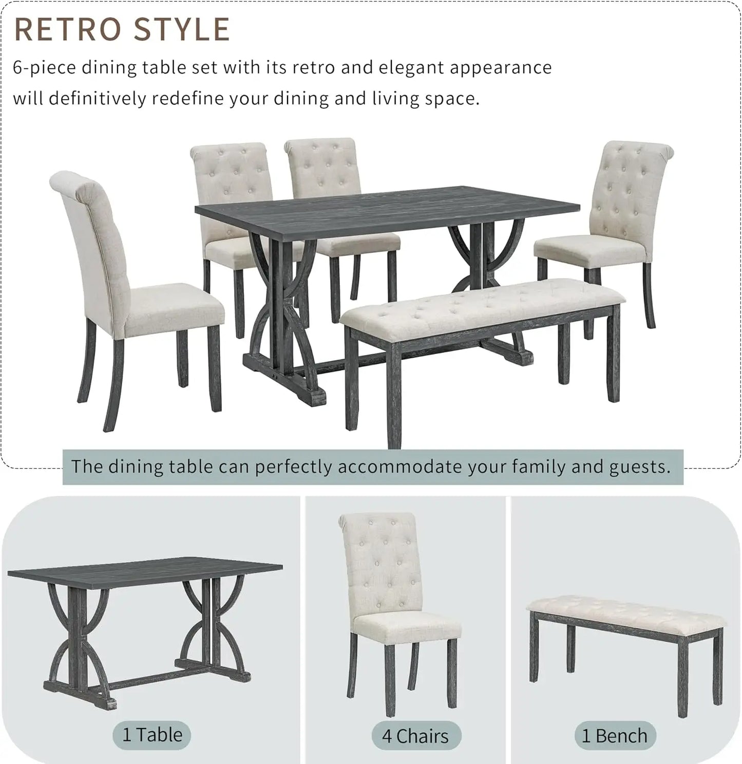 6 Pieces Rectangular Wood Dining Table Set with Bench and Unique Legs with 4 Upholstered Chairs
