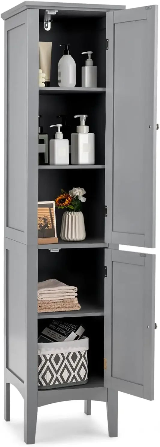5-Tier Freestanding  Wooden Storage Cabinet, 5-Tier Freestanding Linen Tower with 2 Door