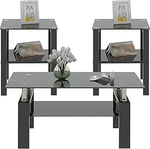Black Glass Coffee Table Set of 3 and 2 End Side Tables, Metal