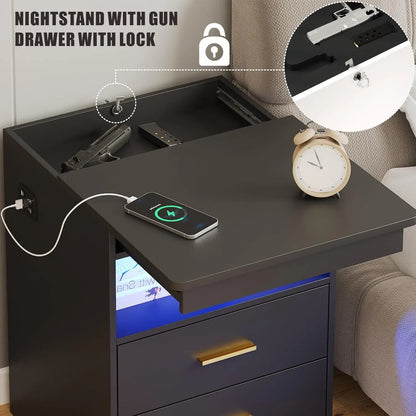 Modern Charging Table with USB & Type-C Port, LED Nightstand with Human Sensor Light