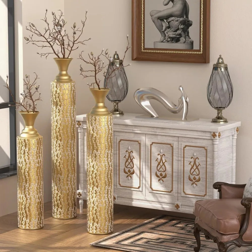Extra Large Tall Gold Metal Floor Vases Decorative Tall Set of 3, Flower Center Vases