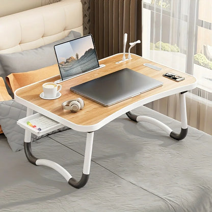 Portable Foldable laptop Desk for working with USB Light, Small Fan, Cup Holder, Tablet Slot, and Lifting Handle