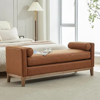 King Size 66.3" End of Bed Upholstered Long Boucle Ottoman Bench with Arms & Pillows