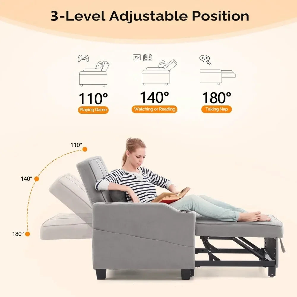 Sleeper Chair 3-in-1 Pull out Couch Sleeper Sofa Light Gray, Recliner with USB Ports, Cup Holders, Side Pockets