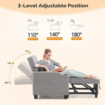 Sleeper Chair 3-in-1 Pull out Couch Sleeper Sofa Light Gray, Recliner with USB Ports, Cup Holders, Side Pockets