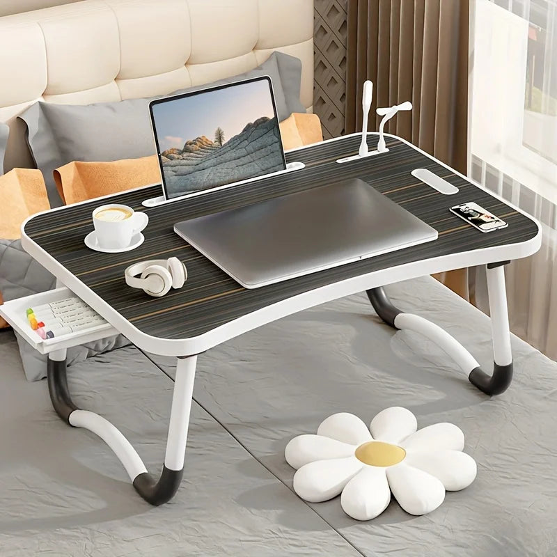 Portable Foldable laptop Desk for working with USB Light, Small Fan, Cup Holder, Tablet Slot, and Lifting Handle