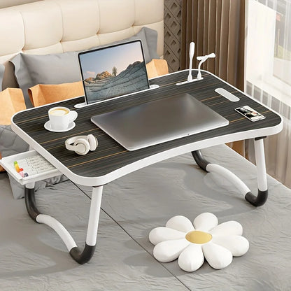 Portable Foldable laptop Desk for working with USB Light, Small Fan, Cup Holder, Tablet Slot, and Lifting Handle
