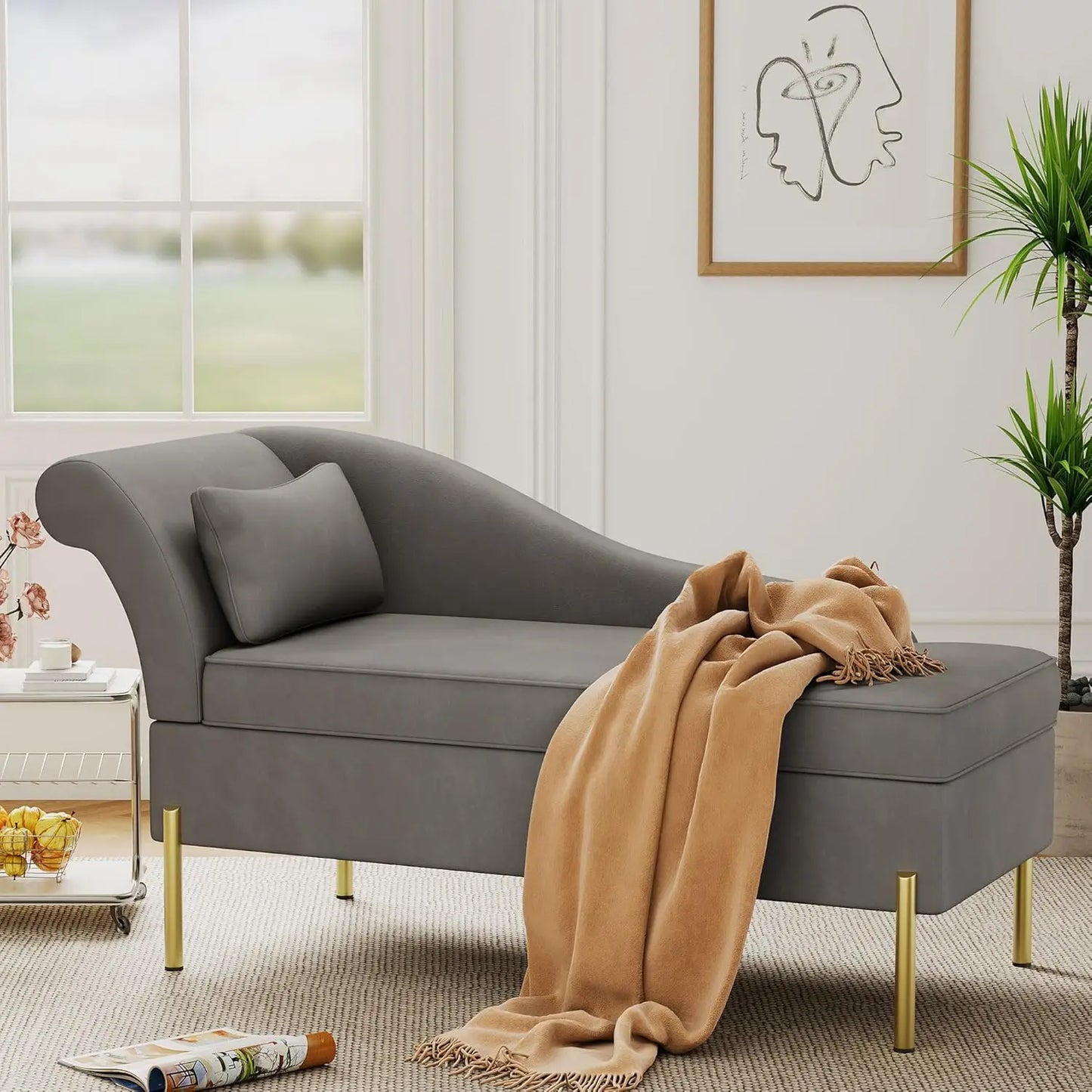 Modern Upholstered Chaise Lounge with Storage, Soft and Comfortable