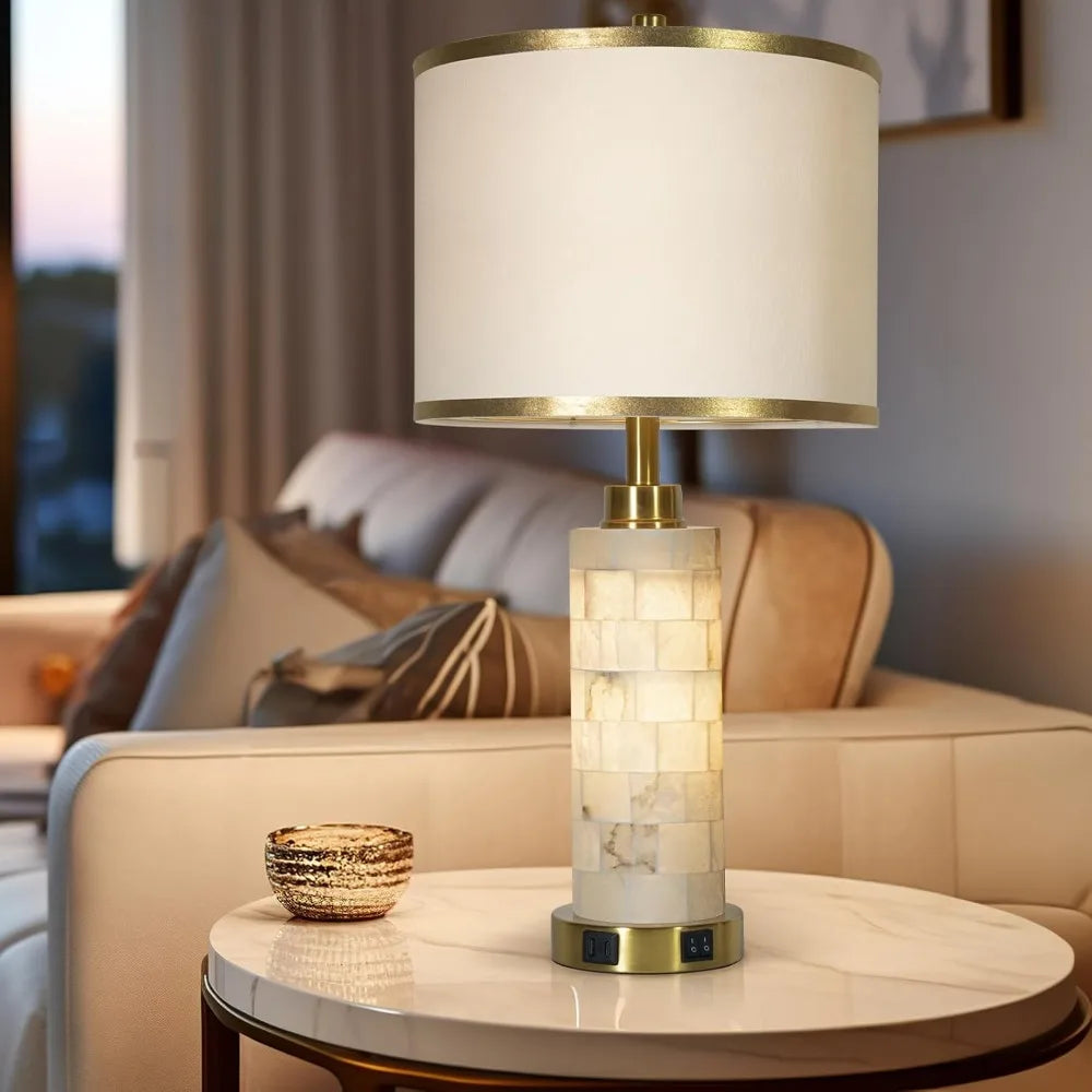 Natural Alabaster Nightstand Lamp with Linen Shade, Set of 2 with Night Light and USB Ports