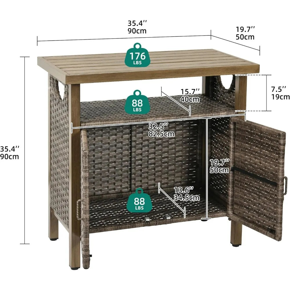 Patio Bar Table with Two Doors and Shelves, Waterproof Wicker Outdoor Storage Cabinet