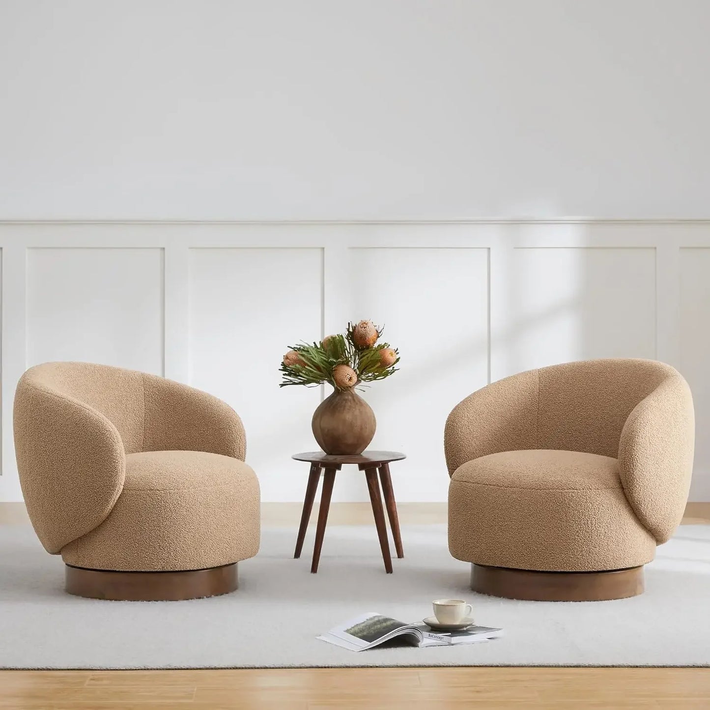 Swivel Accent Chair Round Barrel Armchair, Upholstered Performance Fabric, 2 PCS,Cream