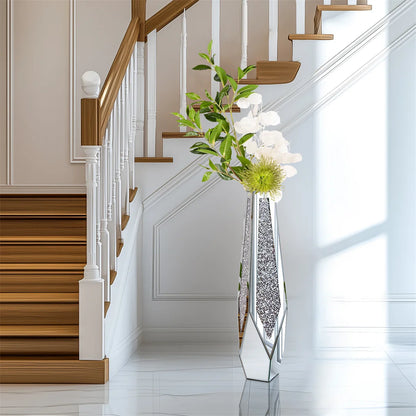 34” Tall Standing Flower Vase Crushed Diamond Mirrored Silver Glass Decorative Corner Vase for Home