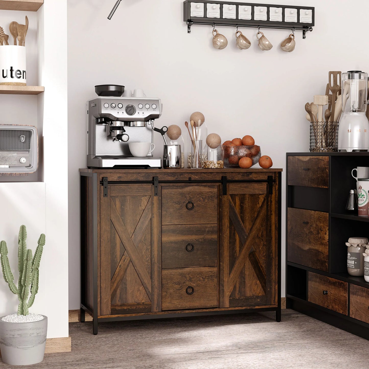 Farmhouse sideboard Buffet Cabinet W/ Drawers, Rustic Brown