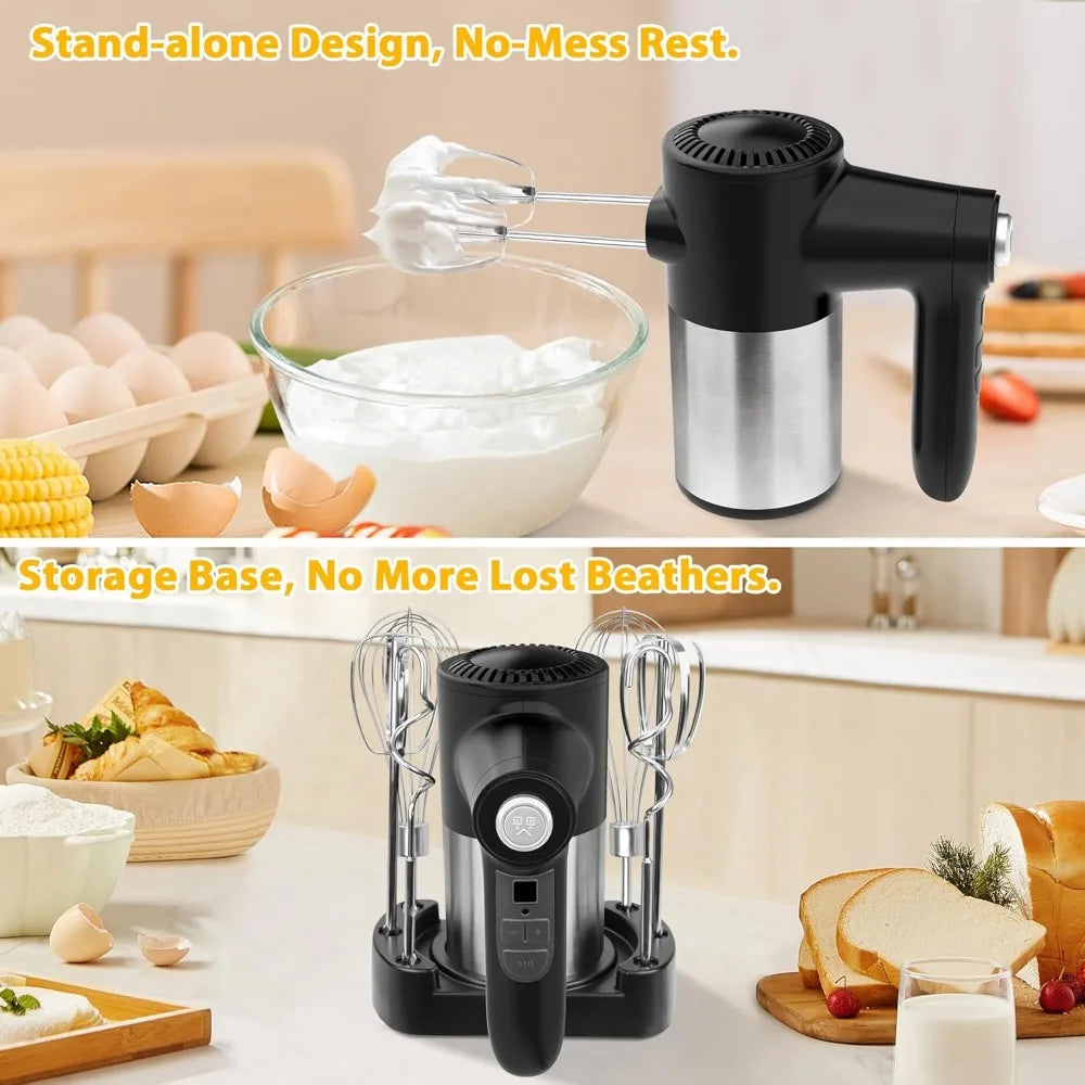 Cordless 7 Speed Portable Hand Mixer with Digital Display and 6 Stainless Steel Attachments Whisks