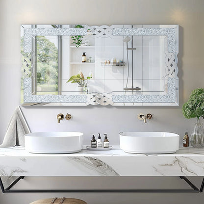 Wisfor Crushed Diamond Glass Silver Wall Mirror Rectangular  with Decorative Glam Bling Crystal Frame Edge