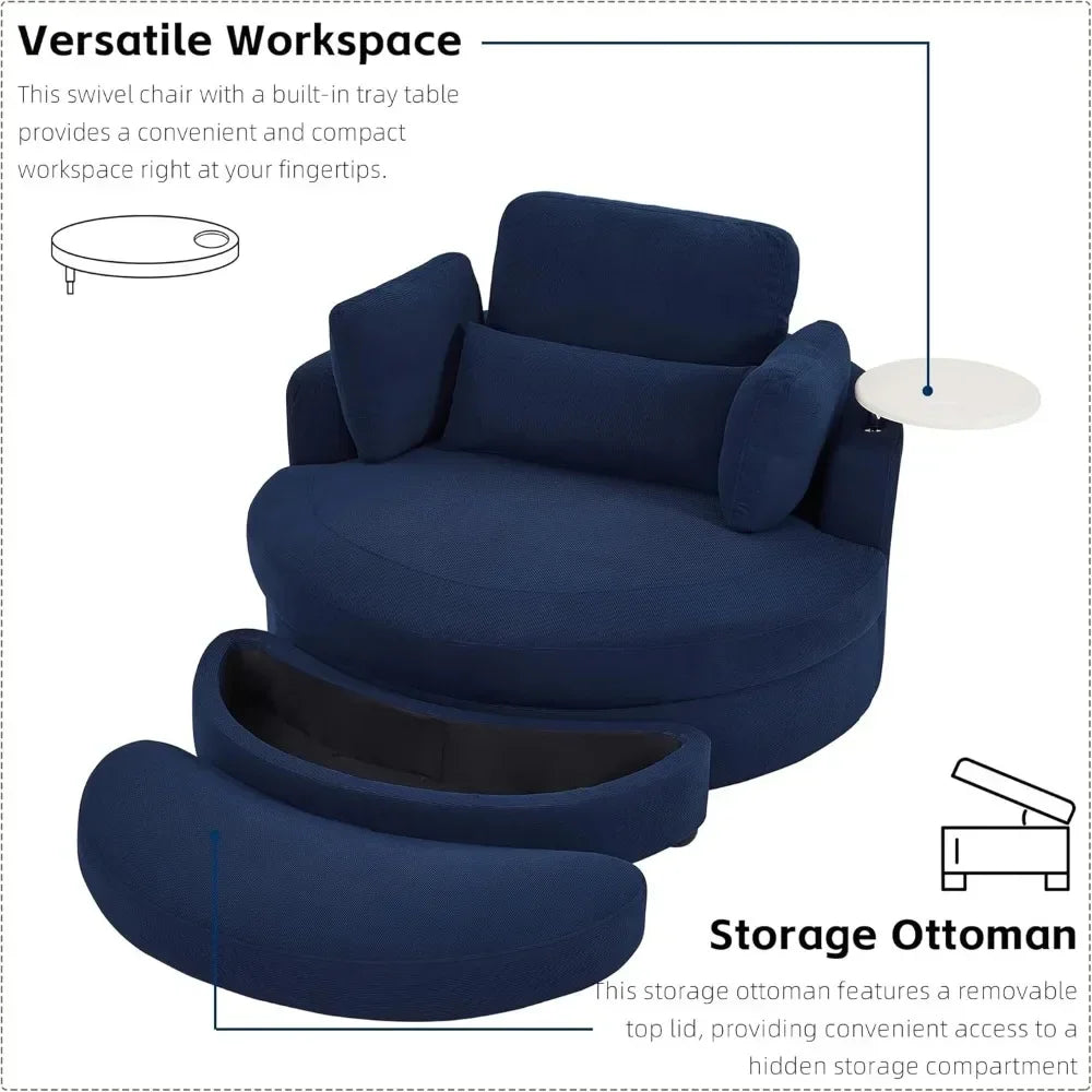 Oversize Round Barrel Swivel Accent Chair with Armrest Tray and Ottoman, Corduroy Fabric