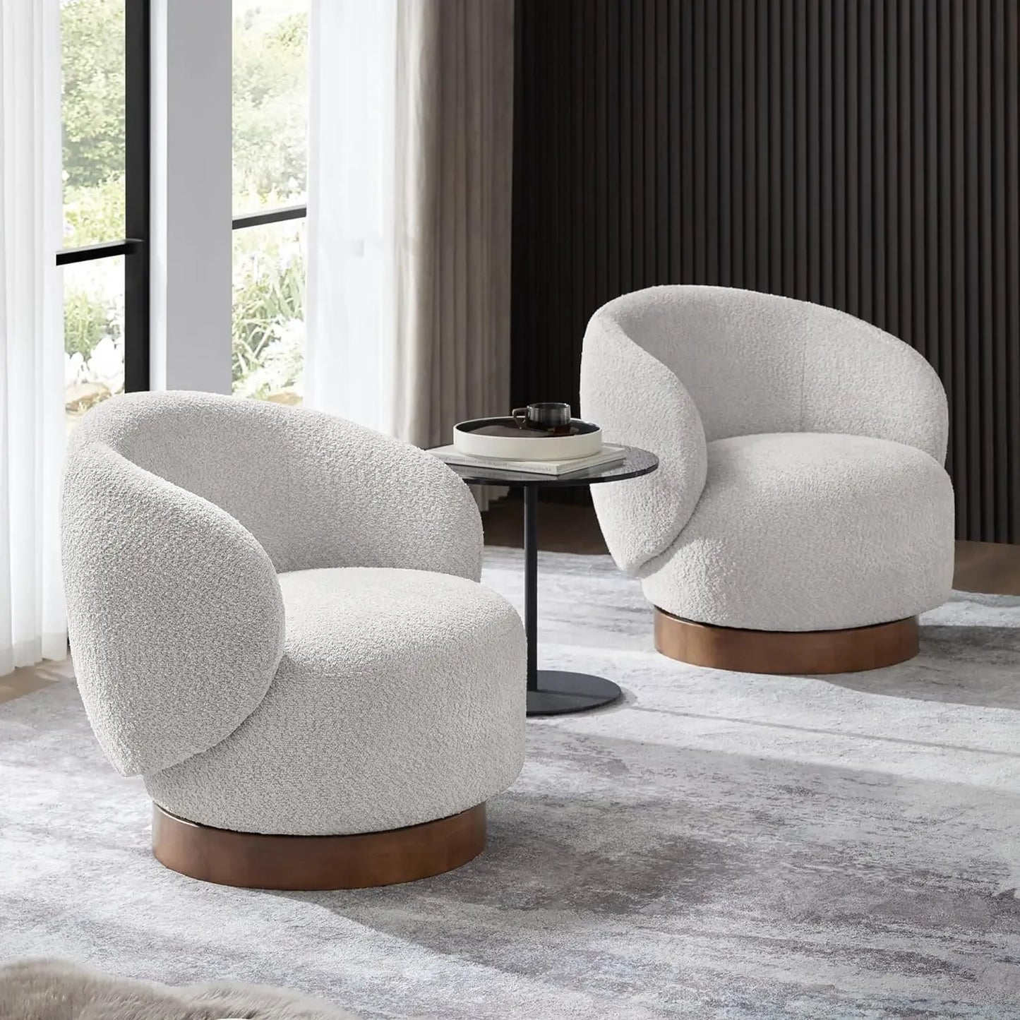 Swivel Accent Chair Round Barrel Armchair, Upholstered Performance Fabric, 2 PCS,Cream