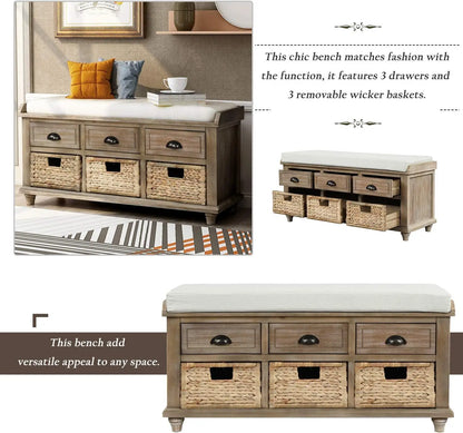 Wood Storage Entryway Bench with 3 Drawers, 3 Rattan Baskets with removable cushion