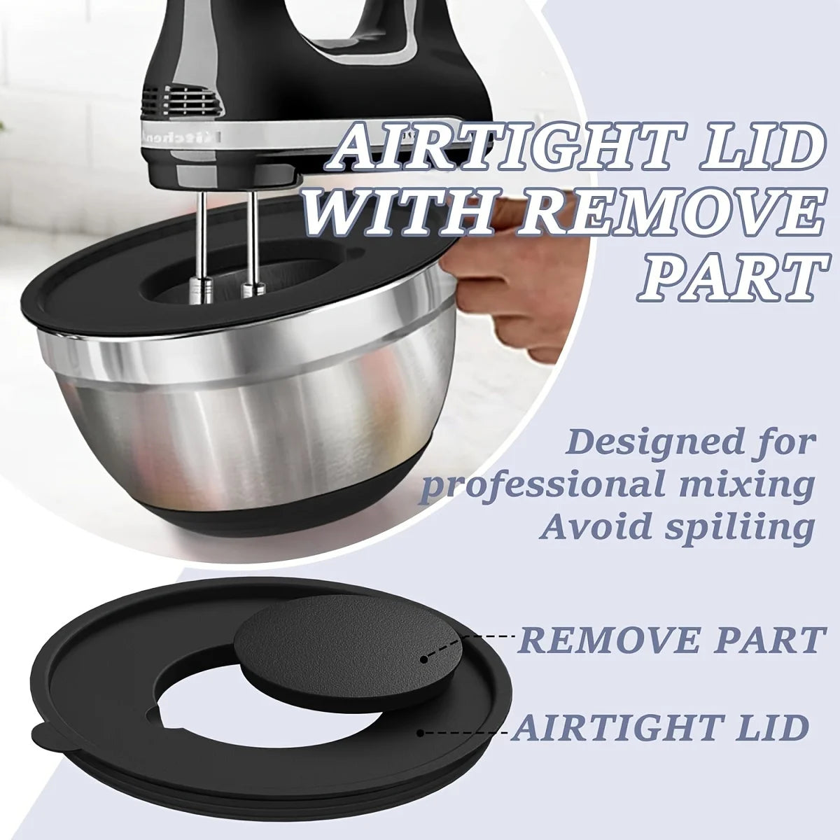 8pcs Stainless Steel Mixing Bowl set with Airtight Black Lids with Attachments  Bottoms