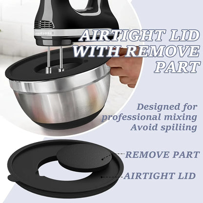 8pcs Stainless Steel Mixing Bowl set with Airtight Black Lids with Attachments  Bottoms