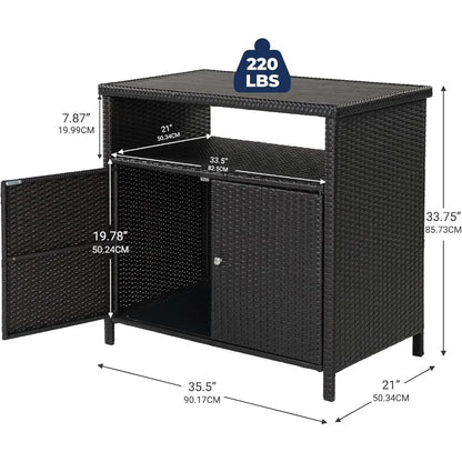 Waterproof Wicker Storage Buffet Outdoor Patio Bar Table with Two Doors and Shelves