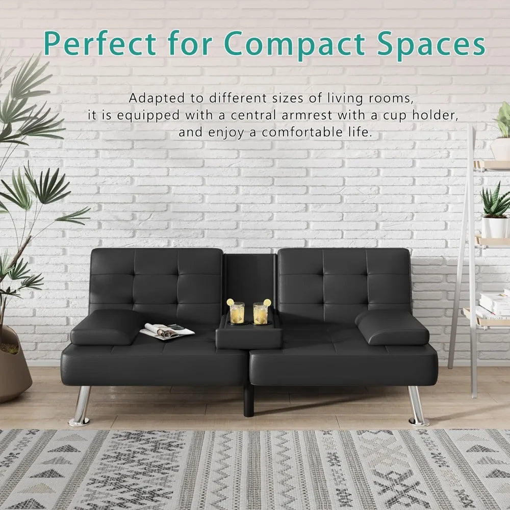 Futon Sofa Bed, Modern Folding Futon Sofa Bed Set, Convertible Lounge Chair, with 2 Cup Holders