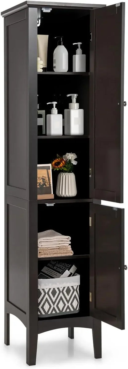 5-Tier Freestanding  Wooden Storage Cabinet, 5-Tier Freestanding Linen Tower with 2 Door