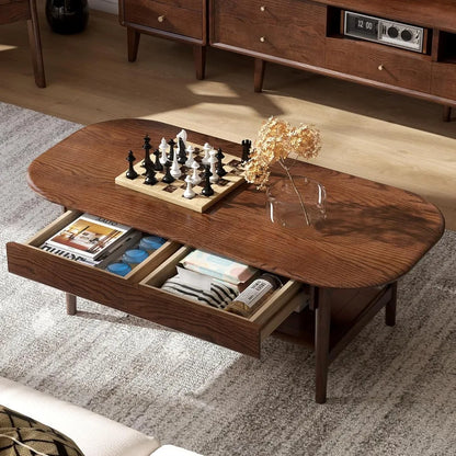 100% Solid Oak Wood 2-Tier Mid-Century Modern Coffee Table for Living Room with Open Shelf