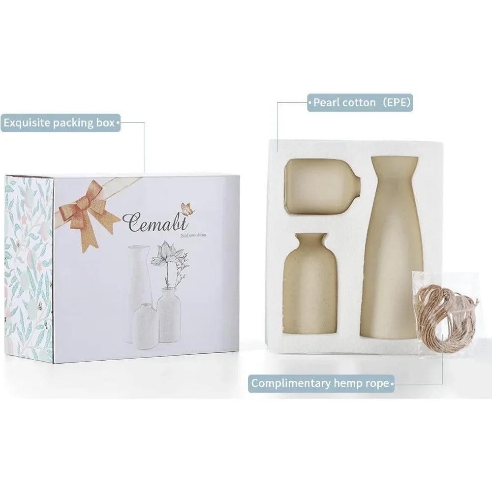 Beige ceramic modern bohemian farmhouse vase set with a small vase decoration