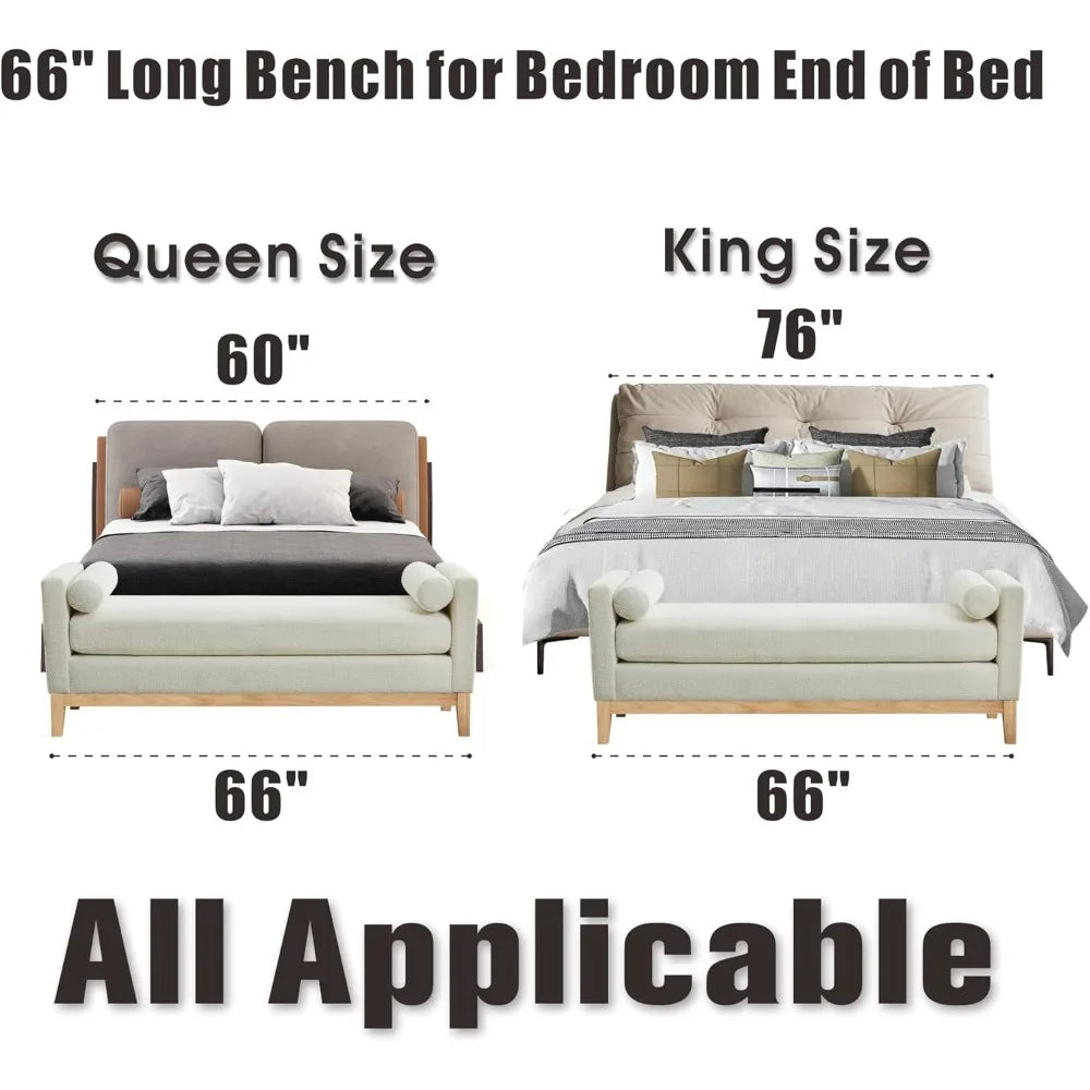 King Size 66.3" End of Bed Upholstered Long Boucle Ottoman Bench with Arms & Pillows