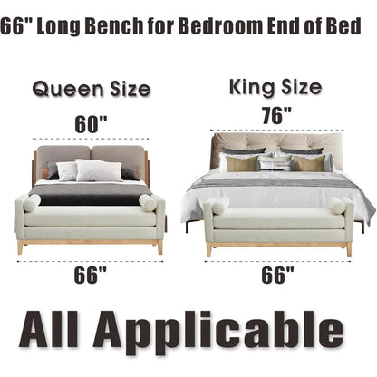 King Size 66.3" End of Bed Upholstered Long Boucle Ottoman Bench with Arms & Pillows