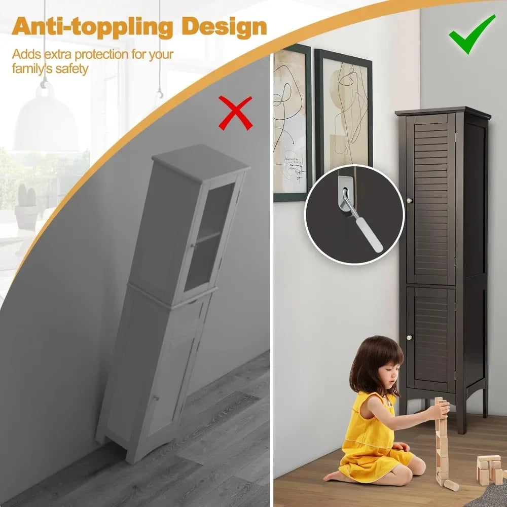 5-Tier Freestanding  Wooden Storage Cabinet, 5-Tier Freestanding Linen Tower with 2 Door