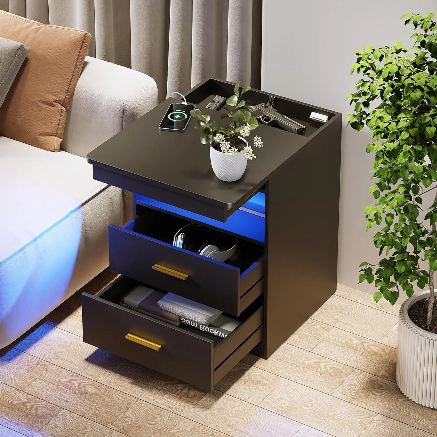 Modern Charging Table with USB & Type-C Port, LED Nightstand with Human Sensor Light
