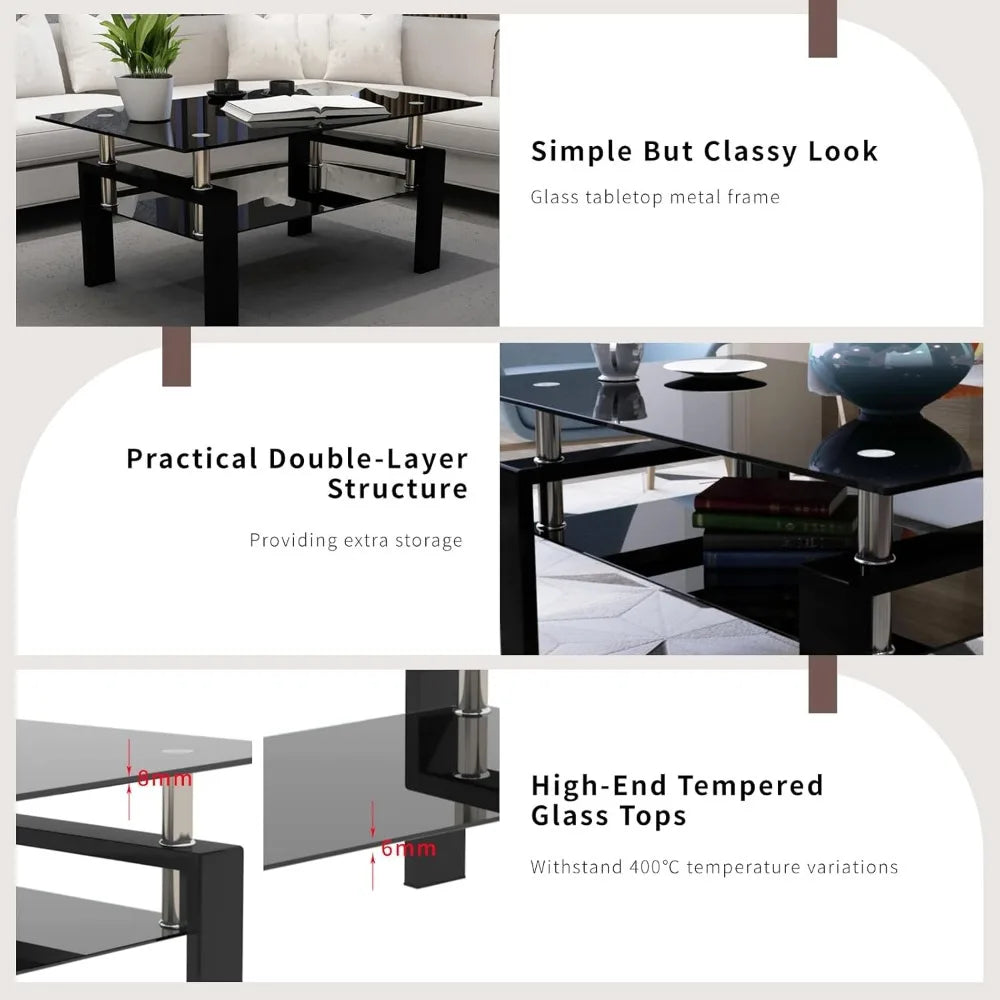 Black Glass Coffee Table Set of 3 and 2 End Side Tables, Metal