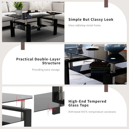 Black Glass Coffee Table Set of 3 and 2 End Side Tables, Metal
