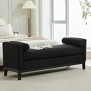 King Size 66.3" End of Bed Upholstered Long Boucle Ottoman Bench with Arms & Pillows