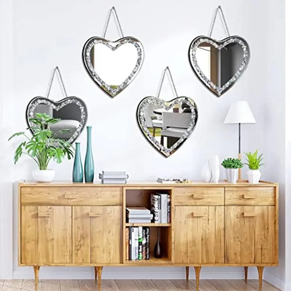 12X12 Inch Heart Shaped Crystal Crush Diamond Glass Mirror Set Pack of 2, with Stainless Steel Chain