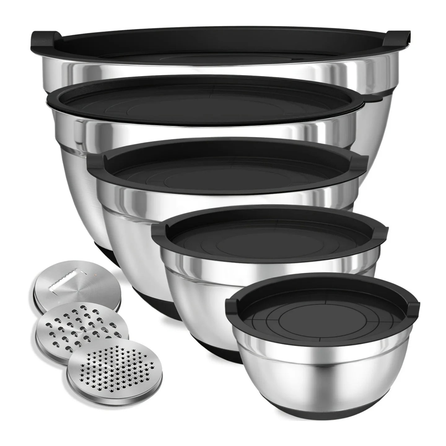 8pcs Stainless Steel Mixing Bowl set with Airtight Black Lids with Attachments  Bottoms