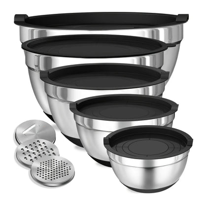 8pcs Stainless Steel Mixing Bowl set with Airtight Black Lids with Attachments  Bottoms