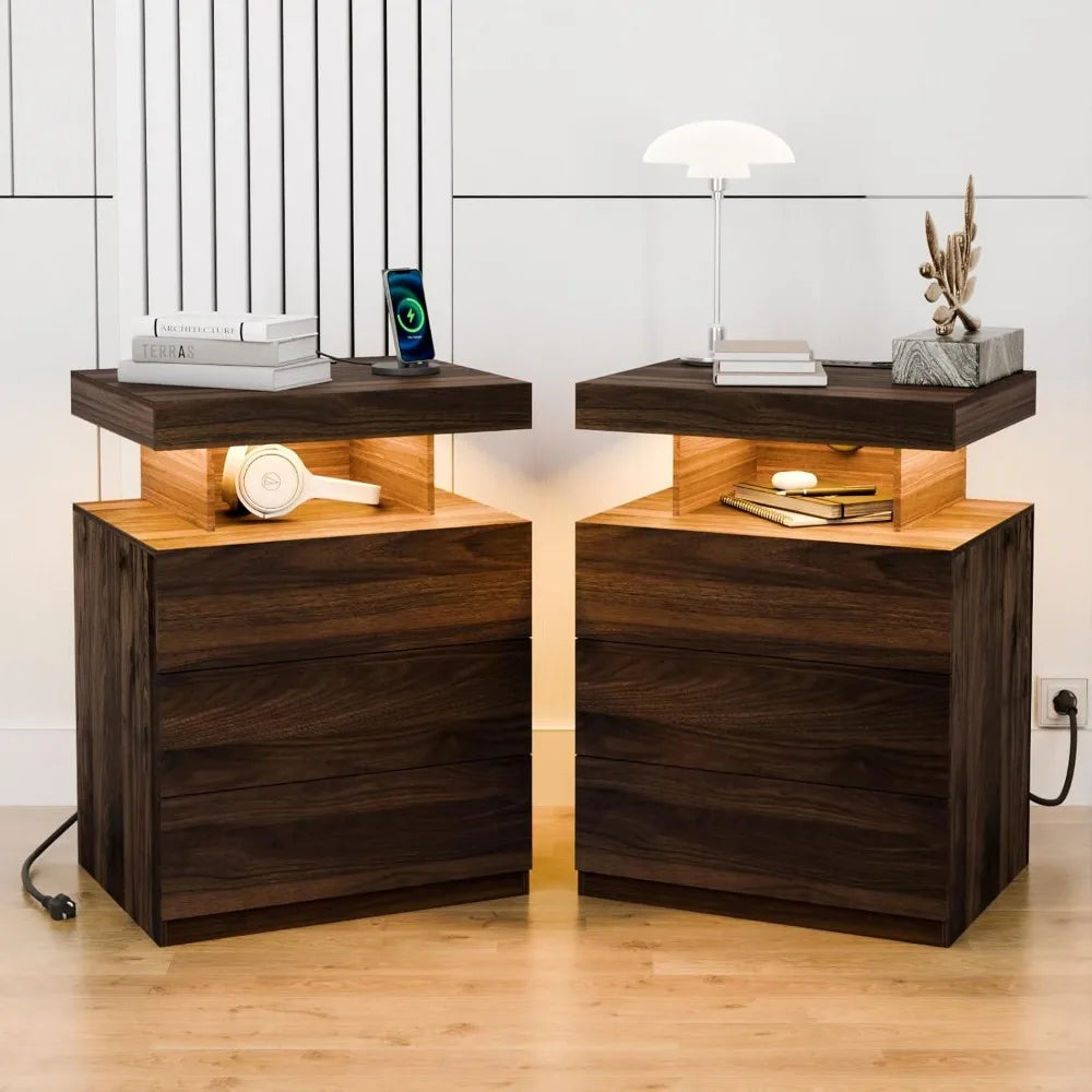 Set of 2 Walnut Tall High Gloss Nightstands ,with Wireless Charging Station with 3 Drawers