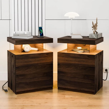 Set of 2 Walnut Tall High Gloss Nightstands ,with Wireless Charging Station with 3 Drawers