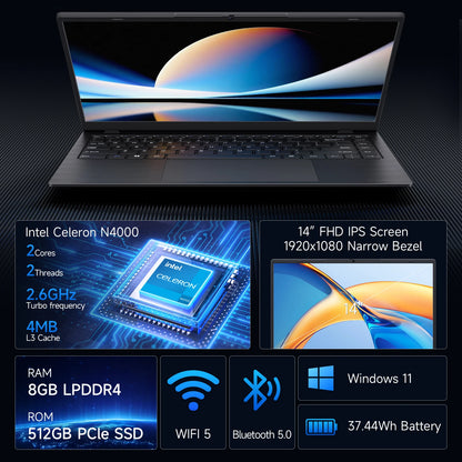 14 Inch Windows 11 Laptops New N4000 2.6Ghz 8GB RAM 512GB ROM Notbook
