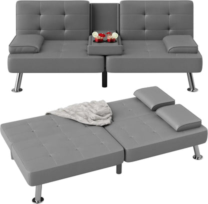 Futon Sofa Bed, Modern Folding Futon Sofa Bed Set, Convertible Lounge Chair, with 2 Cup Holders