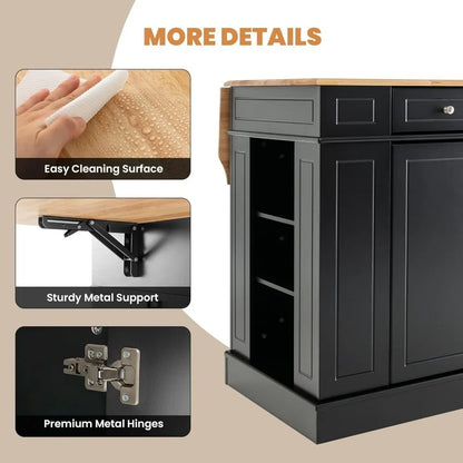 Kitchen island with rubber wood countertop, 2 drawers, 5 adjustable shelves and spice rack