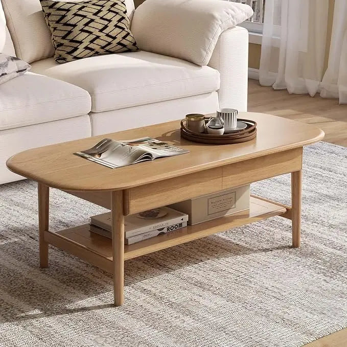 100% Solid Oak Wood 2-Tier Mid-Century Modern Coffee Table for Living Room with Open Shelf